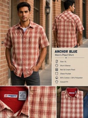 le Anchor Blue Men’s XL Red Cream Plaid Short Sleeve Button Down Shirt